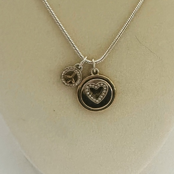 Brighton B Happy Triple Peace & Heart Two Toned Charm Silver Necklace Chain - Picture 2 of 10